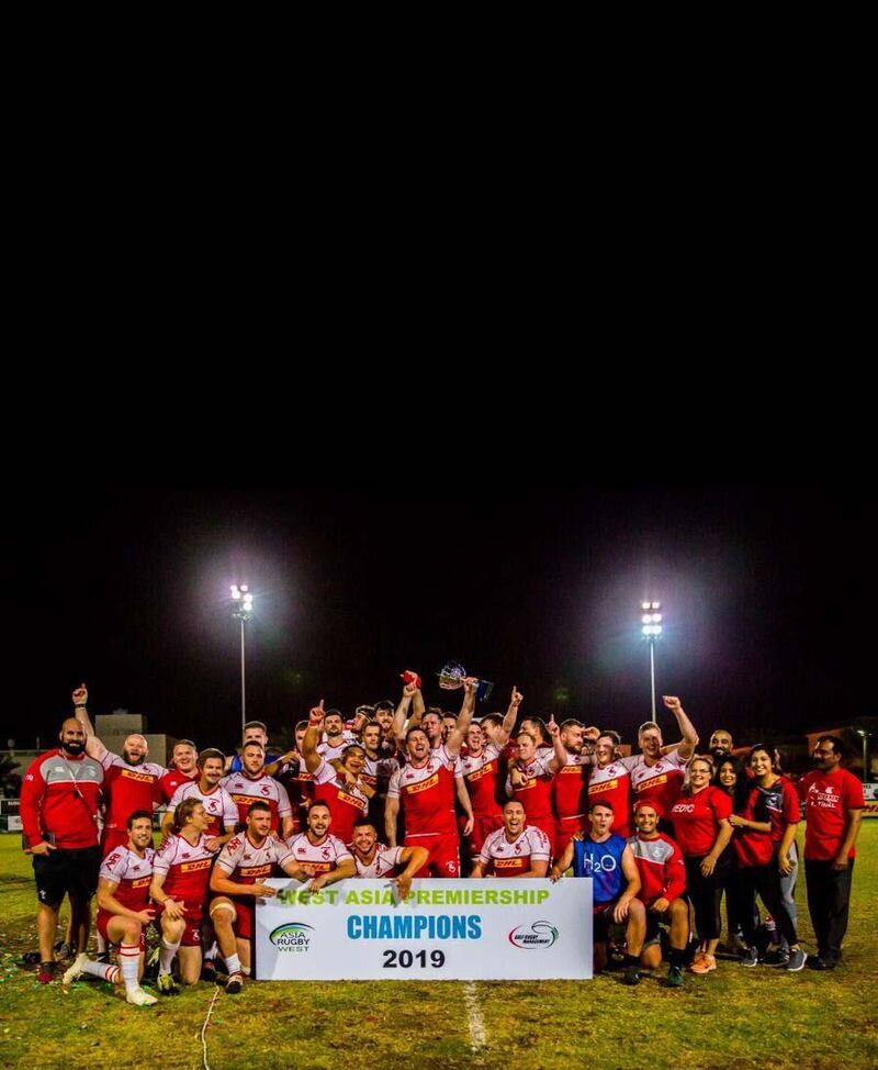 Bahrain players celebrate after beating Dubai Exiles in the final of the West Asia Premiership final. Courtesy Bahrain RFC