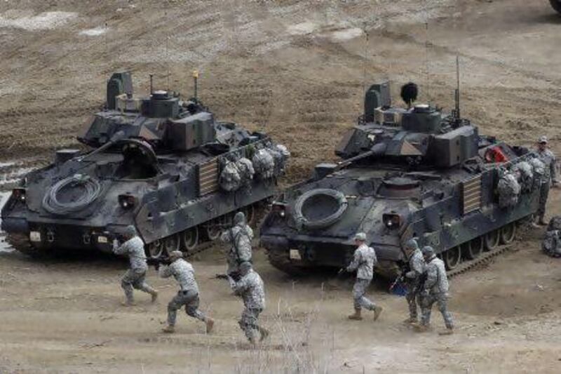 US Army soldiers conduct their annual military drills in Yeoncheon, South Korea, near the border with North Korea.