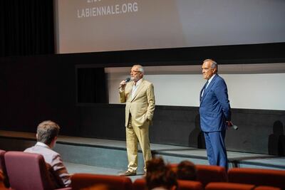epa08640264 The director of the Venice Film Festival Alberto Barbera  (R) with the president of the Venice  Biennial Roberto Cicutto prior the screening  of the  Andrea Segre docufilm 'Molecole', made in the Venice during lockdown  for the coronavirus presented in the Sala Darsena and at the PalaBiennale at the 77th annual Venice International Film Festival, in Venice, Italy, 01 September 2020.  EPA/STR