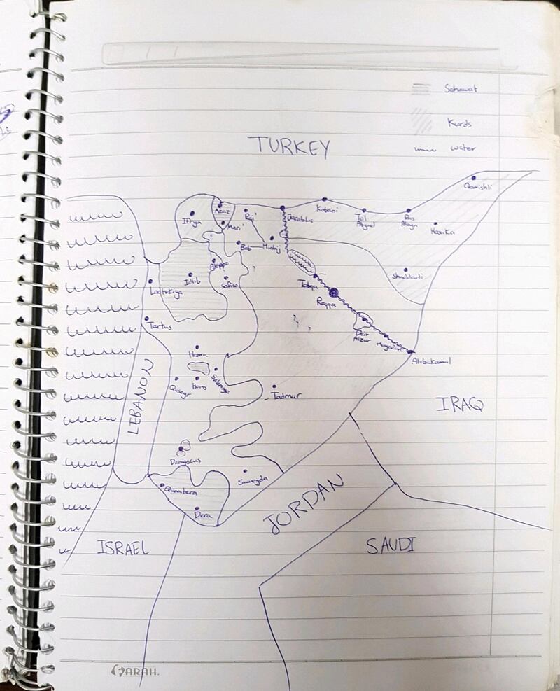 A map sketched by an ISIS fighter found in Raqqa.