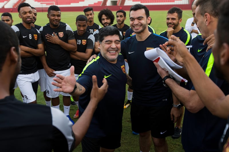 Diego Maradona takes his first training session since being named new manager of UAE First Division side Fujairah.
