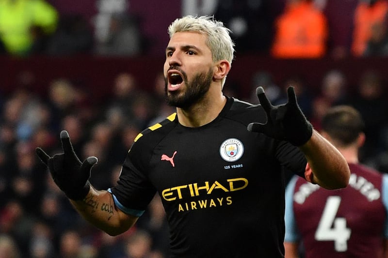 Manchester City's Argentinian striker Sergio Aguero celebrates scoring the fifth goal during the English Premier League football match between Aston Villa and Manchester City at Villa Park in Birmingham, central England on January 12, 2020. RESTRICTED TO EDITORIAL USE. No use with unauthorized audio, video, data, fixture lists, club/league logos or 'live' services. Online in-match use limited to 120 images. An additional 40 images may be used in extra time. No video emulation. Social media in-match use limited to 120 images. An additional 40 images may be used in extra time. No use in betting publications, games or single club/league/player publications.
 / AFP / Paul ELLIS / RESTRICTED TO EDITORIAL USE. No use with unauthorized audio, video, data, fixture lists, club/league logos or 'live' services. Online in-match use limited to 120 images. An additional 40 images may be used in extra time. No video emulation. Social media in-match use limited to 120 images. An additional 40 images may be used in extra time. No use in betting publications, games or single club/league/player publications.
