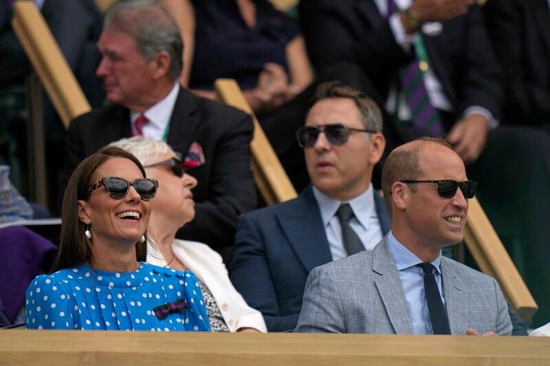 Britain's Prince William and Kate, Duchess of Cambridge sit in the Royal box on Centre Court for the quarterfinal match between Novak Djokovic and Jannik Sinner. AP