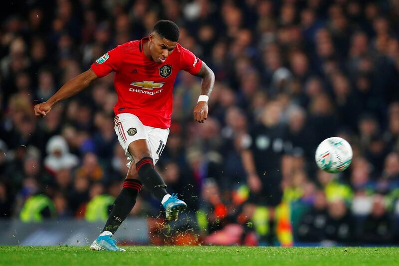 Manchester United's Marcus Rashford scores his stunning second goal. Reuters