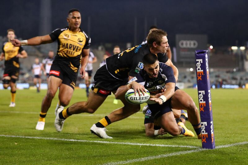 ACT Brumbies' Tom Wright scores a try during the Super Rugby AU semi-final against Western Force at the GIO Stadium in Canberra , on Saturday, May 1. Getty