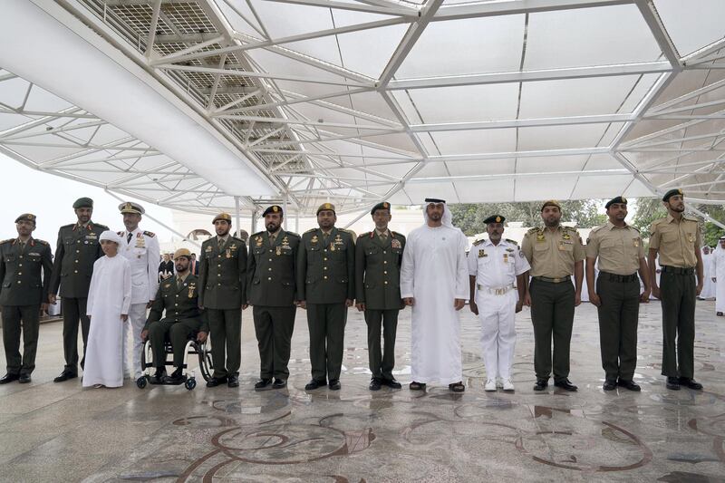 ABU DHABI, UNITED ARAB EMIRATES - April 23, 2018: HH Sheikh Mohamed bin Zayed Al Nahyan Crown Prince of Abu Dhabi Deputy Supreme Commander of the UAE Armed Forces (10th L), stands for a photograph with members of the UAE Armed Forces who served in Yemen, during a Sea Palace barza. Seen with HE Lt General Hamad Thani Al Romaithi, Chief of Staff UAE Armed Forces (9th L), HH Sheikh Zayed bin Hamdan bin Zayed Al Nahyan (5th L), HH Sheikh Saeed bin Hamdan bin Mohamed Al Nahyan, (4th L) HH Sheikh Rashid bin Hamdan bin Zayed Al Nahyan (3rd L) and HE Brigadier General Saleh Mohamed Saleh Al Ameri, Commander of the UAE Ground Forces (2nd L). 


( Mohamed Al Hammadi / Crown Prince Court - Abu Dhabi )
---