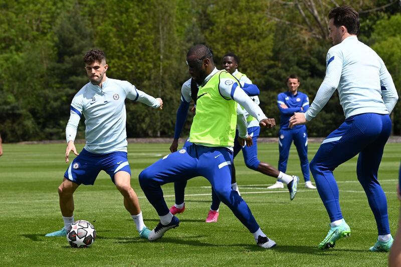 COBHAM, ENGLAND - MAY 27:  Christian Pulisic and Antonio RÃ¼diger of Chelsea during a training session at Chelsea Training Ground on May 27, 2021 in Cobham, England. (Photo by Darren Walsh/Chelsea FC via Getty Images)