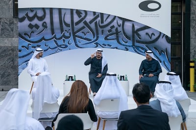 Omar Al Olama, Minister of State for Artificial Intelligence, Digital Economy and Remote Work Applications, Mohammed Al Gergawi, Minister of Cabinet Affairs, and Khalfan Belhoul, chief executive of Dubai Future Foundation, outline plans for the Museum of the Future. Photo: Supplied