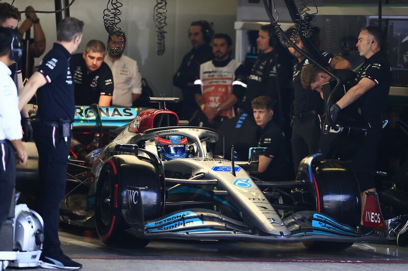 George Russell in his garage during qualifying for the Formula One Grand Prix of Mexico. EPA