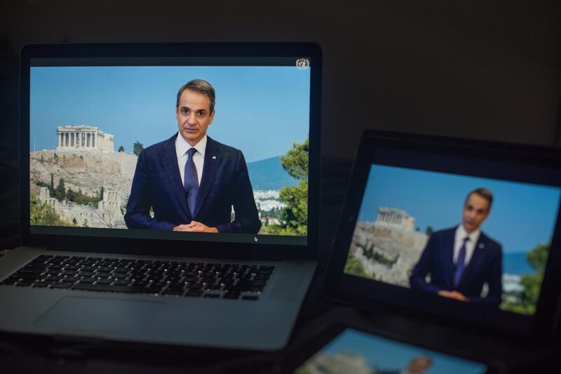 Kyriakos Mitsotakis, Greece's prime minister, speaks during the United Nations General Assembly seen on a laptop computer in Hastings on the Hudson, New York, U.S., on Friday, Sept. 25, 2020. The United Nations General Assembly met in a virtual environment for the first time in its 75-year history due to the pandemic. Photographer: Tiffany Hagler-Geard/Bloomberg