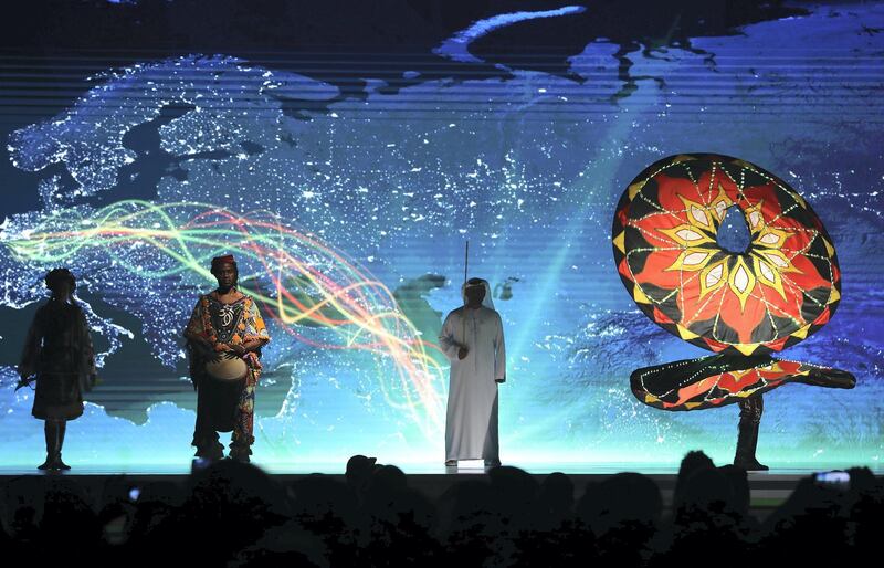 ABU DHABI,  UNITED ARAB EMIRATES , OCTOBER 6 – 2019 :- Artist performing on the opening ceremony of the 26th World Road Congress held at Abu Dhabi National Exhibition Center in Abu Dhabi. ( Pawan Singh / The National ) For News. Story by Patrick