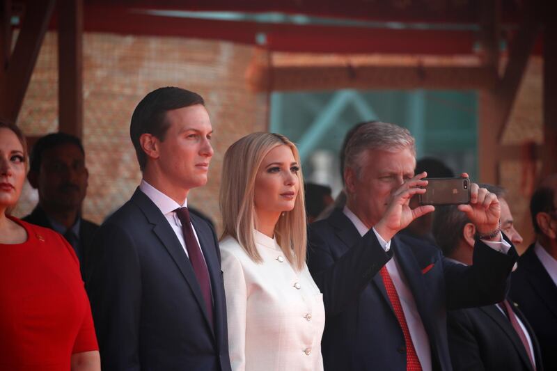 White House Senior Adviser Jared Kushner and his wife Ivanka Trump wait for the arrival of US President Donald Trump at the presidential palace. AP