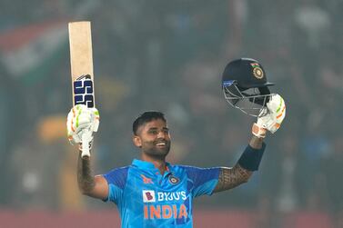 India's Suryakumar Yadav celebrates after scoring a century during the third Twenty20 cricket match between India and Sri Lanka in Rajkot, India, Saturday, Jan.  7, 2023.  (AP Photo / Ajit Solanki)