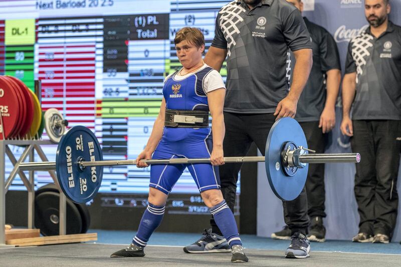 ABU DHABI, UNITED ARAB EMIRATES. 15 MARCH 2019. Special Olympics action at ADNEC. Tatiana Savchenko, Russia, at powerlifting. (Photo: Antonie Robertson/The National) Journalist: None: National.