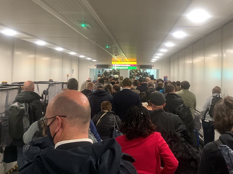 Long queues of passengers snaked around Heathrow Airport in London. Photo: Jessica Oliver / Twitter