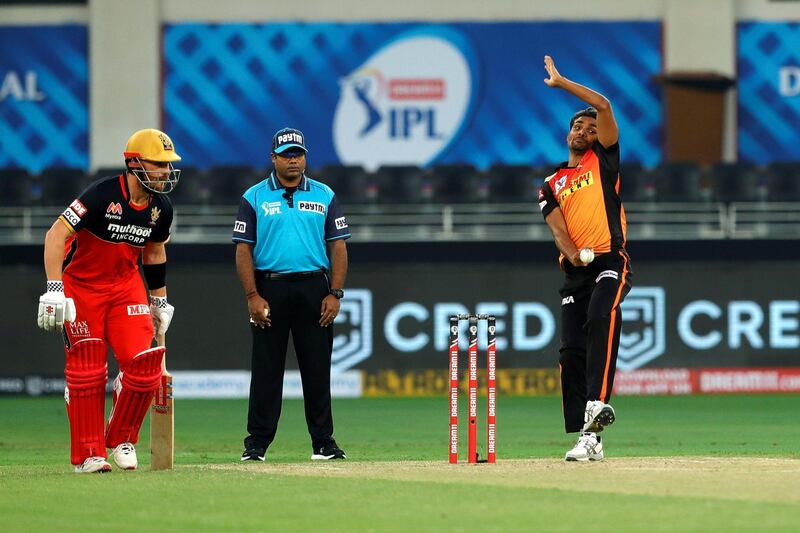 Sandeep Sharma of Sunrisers Hyderabad bowling during match 3 of season 13 Dream 11 Indian Premier League (IPL) between Sunrisers Hyderabad and Royal Challengers Bangalore held at the Dubai International Cricket Stadium, Dubai in the United Arab Emirates on the 21st September 2020.  Photo by: Saikat Das  / Sportzpics for BCCI