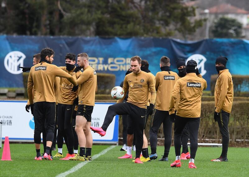 COMO, ITALY - MARCH 03:  Christian Eriksen of FC Internazionale (C) in action during FC Internazionale training session at Appiano Gentile on March 3, 2020 in Como, Italy.  (Photo by Claudio Villa - Inter/Inter via Getty Images)