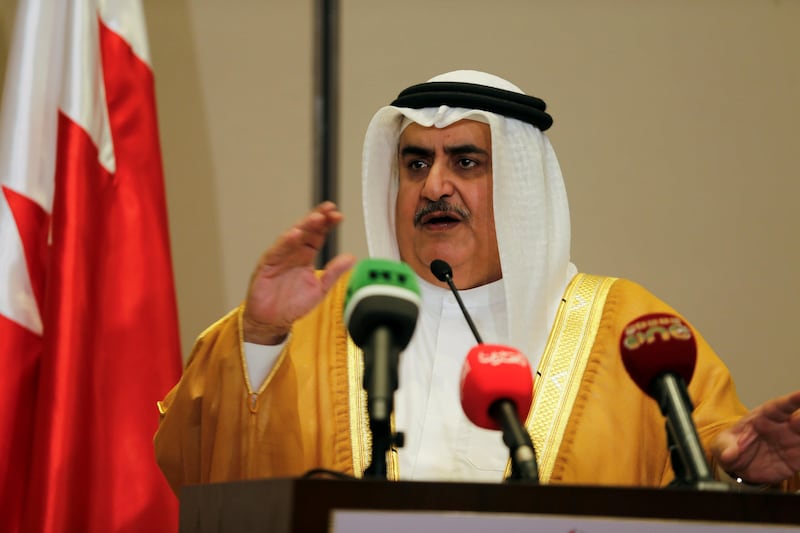 Bahraini foreign minister Sheikh Khalid bin Ahmed Al Khalifa speaks to media after the quartet's meeting in Manama on July 30, 2017. Reuters / Hamad I Mohammed