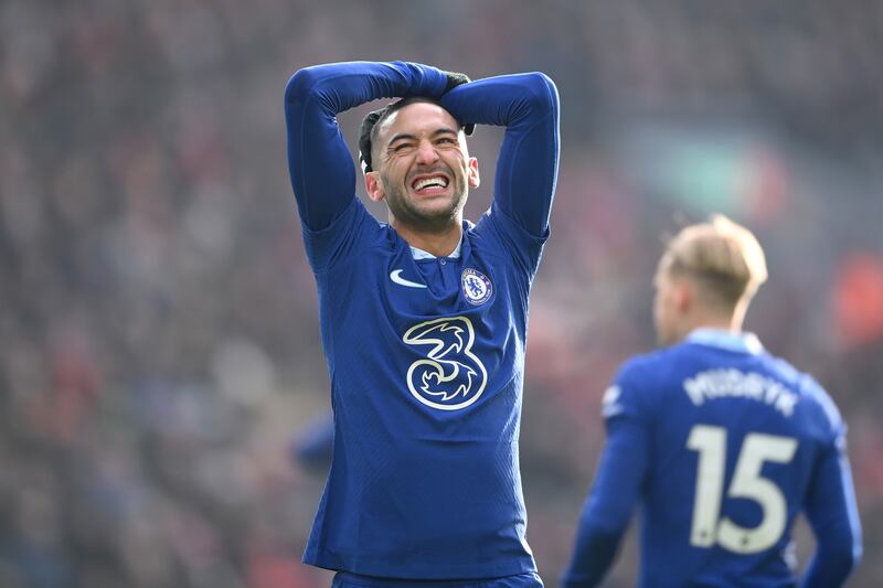 Hakim Ziyech of Chelsea reacts after a missed chance. Getty