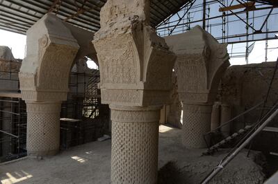 Scaffolding for the ongoing conservation work at the ninth-century mosque Masjid-e Haji Piyada (mosque of the walking pilgrim) in Balkh Province, taken in November 2017. AFP