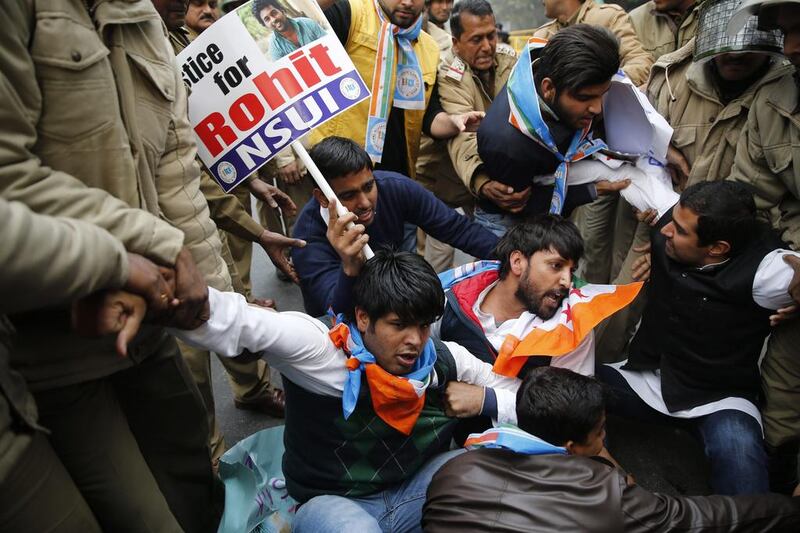 Indian police detain protestors demonstrating over the death of university student Rohith Vemula who hanged himself on January 17, 2016 after he and 4 other students were barred from using some facilities at the University of Hyderabad. Tsering Topgyal/AP Photo