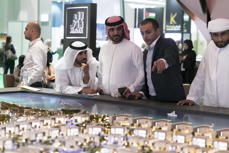 ABU DHABI, UNITED ARAB EMIRATES - April 16 2019.
Al Dar's booth, featuring "Lea" at Cityscape Abu Dhabi 2019.

The Abu Dhabi real estate developer is building a new waterfront residential project in the emirate as part of its recently adopted strategy to offer land plots for sale.

The ‘Lea’ scheme is on the northern coast of Yas Island, where Abu Dhabi’s Formula One racetrack, the Yas Marina, theme parks and several neighbourhoods including the adjoining Yas Acres development are located.

(Photo by Reem Mohammed/The National)

Reporter: Gillian Duncan
Section: NA + BZ