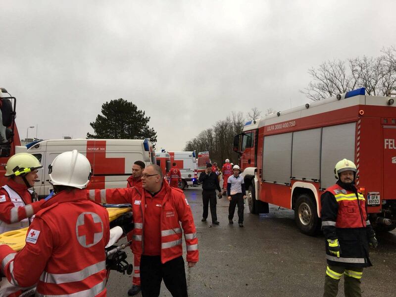 Emergency crews are seen after reports of a gas explosion in Baumgarten, Austria on December 12, 2017 in this picture obtained from social media. RKNO / Motz via Reuters