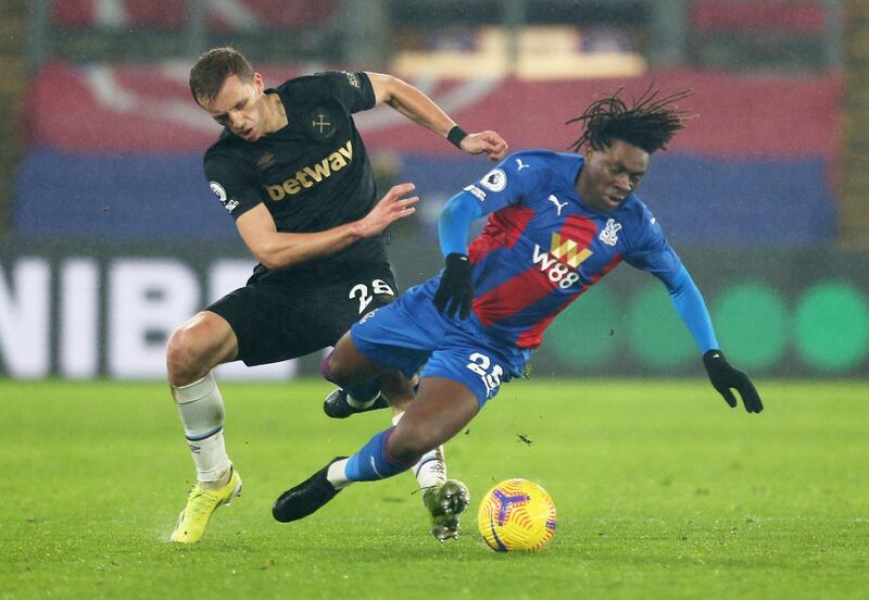 Crystal Palace's Eberechi Eze in action with West Ham United's Tomas Soucek. Reuters