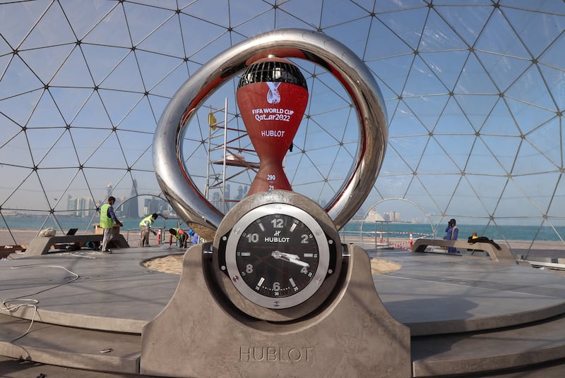 The countdown clock along the Doha Corniche, as Qatar prepares to host the FIFA World Cup 2022. A new metro system has been launched in the capital of Qatar ahead of the tournament. Photo: AFP