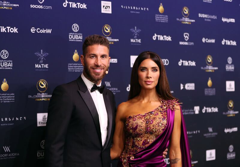 PSG defender Sergio Ramos with wife Pilar Rubio attend Dubai Globe Soccer Awards 2022. Chris Whiteoak / The National