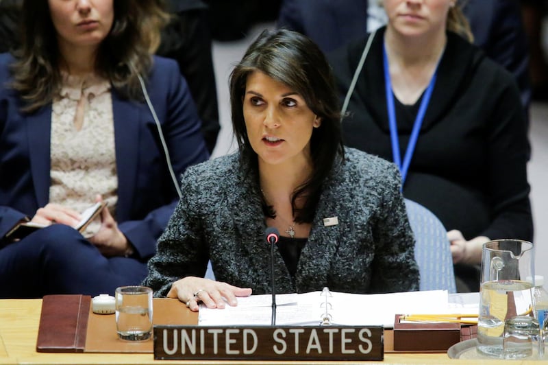 U.S. Ambassador to the United Nations Nikki Haley speaks to members of the United Nations Security Council after voting for ceasefire to Syrian bombing in eastern Ghouta, at the United Nations headquarters in New York, U.S., February 24, 2018. REUTERS/Eduardo Munoz