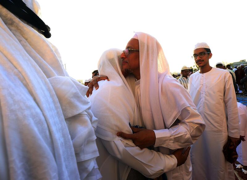 Dubai, June, 15, 2018: People greet each other after offering Eid Prayers at the Eidgah in Deira in Dubai. Satish Kumar for the National