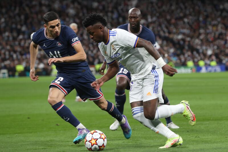 Achraf Hakimi - 6: Given early headache down right by Vinicius Jnr’s pace but regained control and looked threat himself when bombing forward. Played Benzema narrowly onside for striker’s hat-trick finish and picked up a booking for fouling Vinicius Junior soon after. EPA