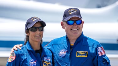 Suni Williams and Butch Wilmore at the Nasa Shuttle Landing Facility in Titusville, Florida, in April. EPA