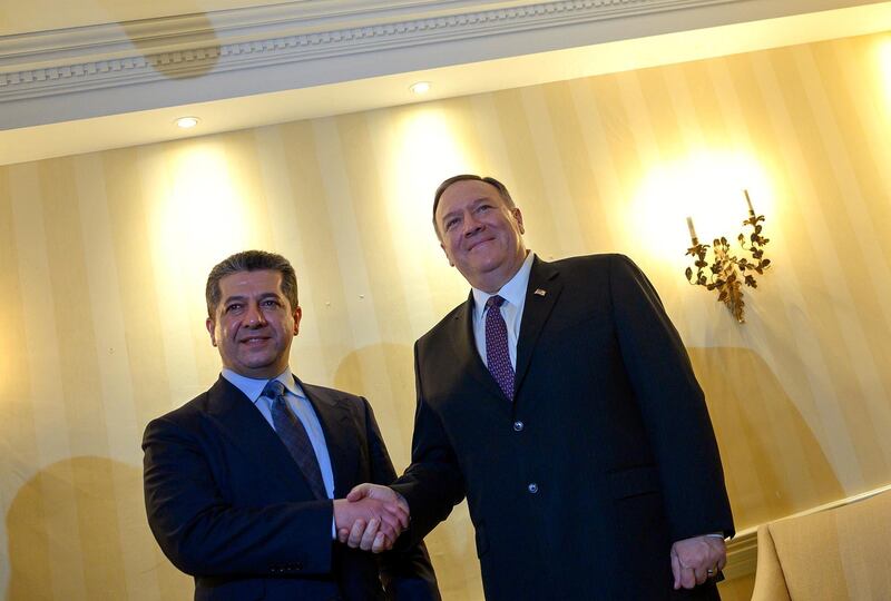 US Secretary of State Mike Pompeo (right) shakes hands with Kurdistan Regional Government Prime Minister Masrour Barzani during the Munich Security conference in Munich, southern Germany. Reuters