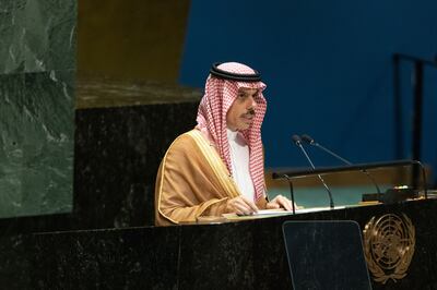 Saudi Foreign Minister Prince Faisal bin Farhan speaks during the UN General Assembly. Bloomberg