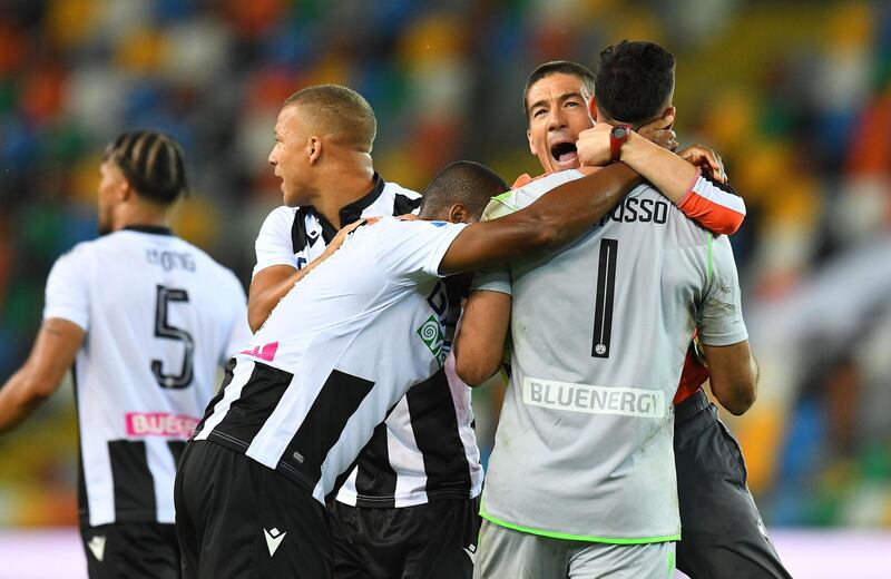 Udinese players celebrate their victory over Juventus. Getty