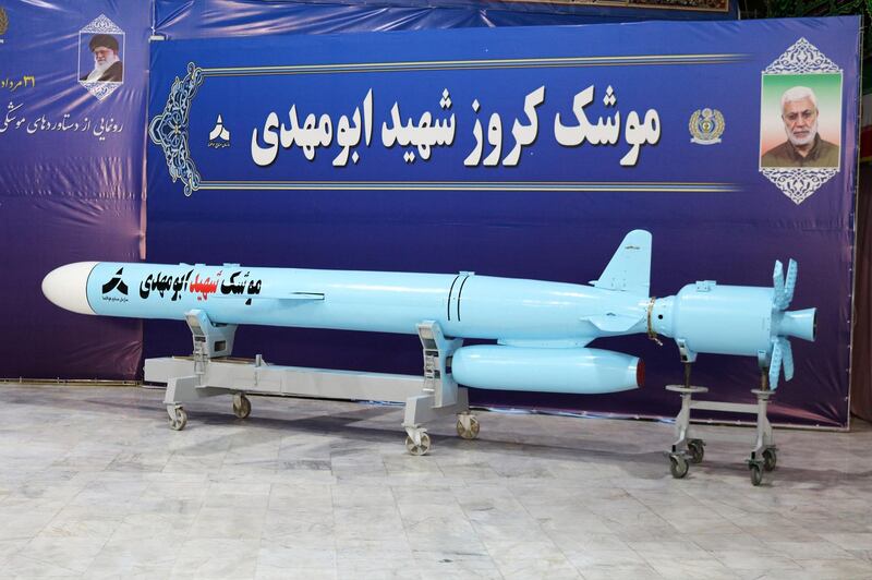 A new cruise missile unveiled by Iran is seen at an unknown location in Iran. Wana via Reuters