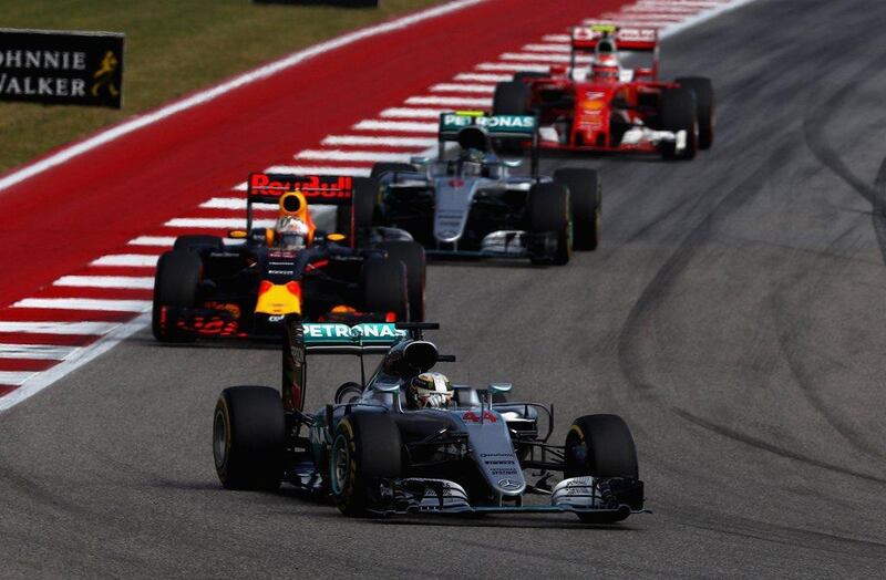 Lewis Hamilton, followed by Red Bull's Daniel Ricciardo and Mercedes teammate Nico Rosberg during Sunday's United States Grand Prix. Clive Mason / Getty Images / AFP / October 23, 2016