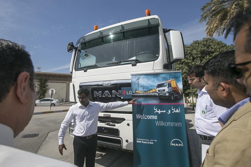 Lakshmanan Venkatarasu, trainer at Man Truck and Bus Middle East, explains the safety features of lorries. Mona Al Marzooqi / The National
