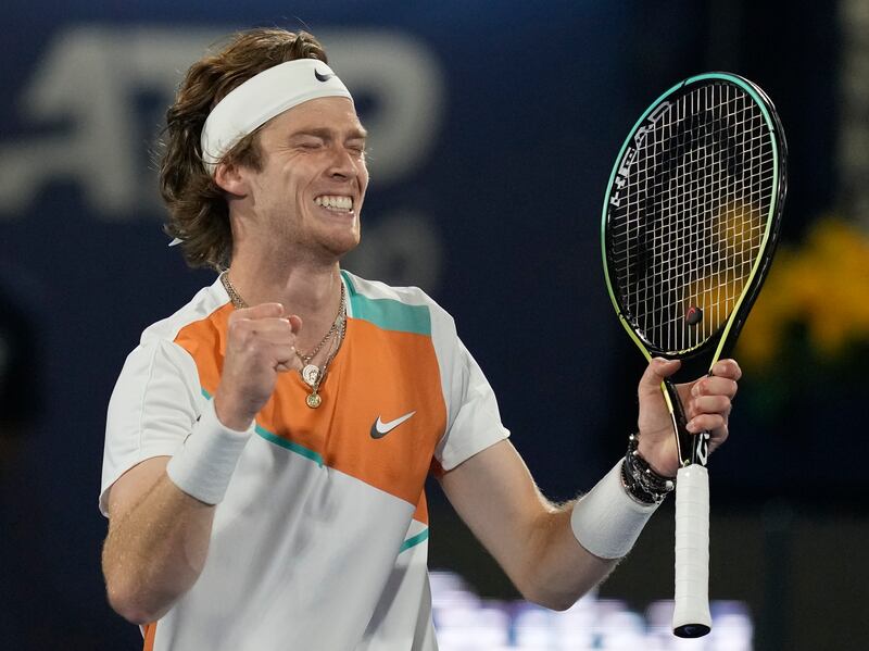 Andrey Rublev celebrates after beating Jiri Vesely in the final of the Dubai Duty Free Tennis Championships. AP