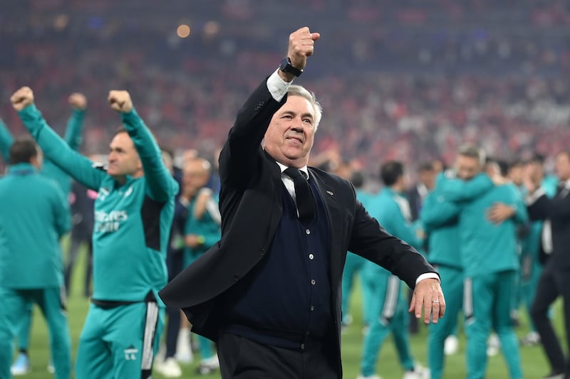 Real manager Carlo Ancelotti celebrates after the match. Getty