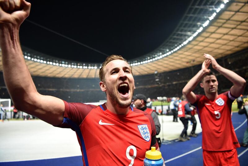 BERLIN, GERMANY - MARCH 26:  Harry Kane of England celebrates his team's 3-2 win after the International Friendly match between Germany and England at Olympiastadion on March 26, 2016 in Berlin, Germany.  (Photo by Stuart Franklin/Bongarts/Getty Images)