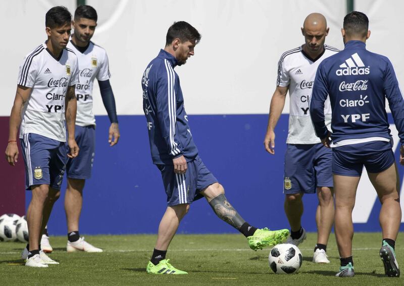 Lionel Messi, centre, during training session at Argentina's base camp in Bronnitsy ahead of the World Cup Group D match against Croatia.  Juan Mabromata / AFP