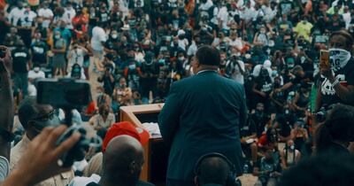 Martin Luther King III speaks at the 2020 Commitment March, which he convened with Reverend Al Sharpton on August 28. 