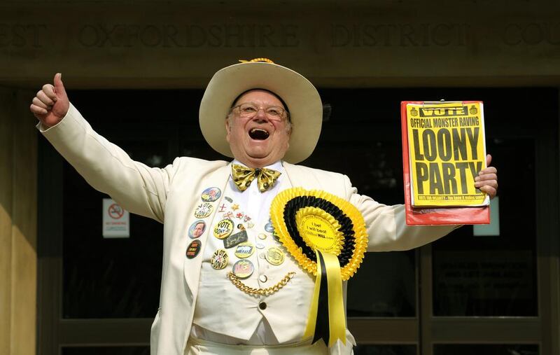 Alan 'Howling Laud' Hope, leader of the Monster Raving Loony Party, is running against David Cameron, leader of the Conservative Party for the constituency political seat in the upcoming UK election. Adrian Dennis/AFP Photo