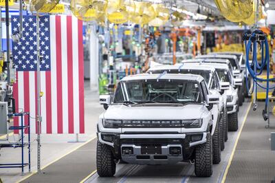 A general view of GMC Hummer EVs at General Motors' assembly plant in Detroit. Getty
