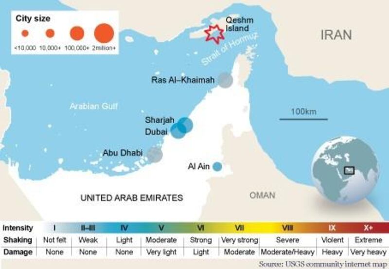 The earthquake hit at 9.44am UAE time and the impact in the UAE measured between 4 and 5 on the Mercalli intensity scale, according to the National Centre of Meteorology and Seismology.