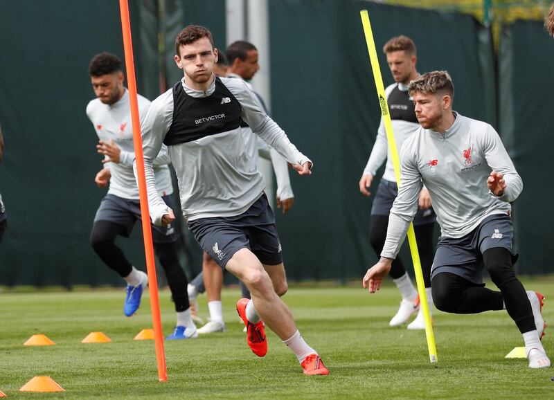 Andrew Robertson and Alberto Moreno take part in training at Melwood ahead of Liverpool's Uefa Champions League semi-final, first leg against Barcelona. Reuters