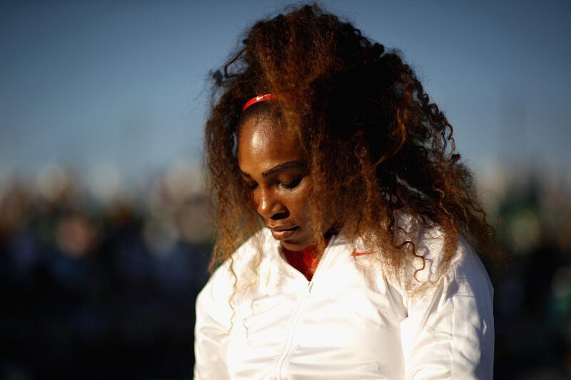 SAN JOSE, CA - JULY 31: Serena Williams of the United States serves gets ready by her chair before her match against Johanna Konta of Great Britain during Day 2 of the Mubadala Silicon Valley Classic at Spartan Tennis Complex on July 31, 2018 in San Jose, California.   Ezra Shaw/Getty Images/AFP
== FOR NEWSPAPERS, INTERNET, TELCOS & TELEVISION USE ONLY ==

